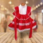 Cherry red triple frilled frock with laces