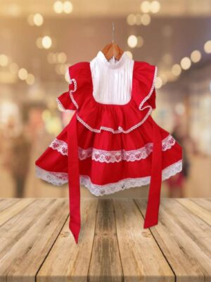 Cherry red triple frilled frock with laces