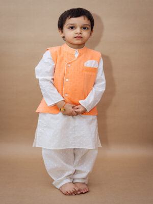 Kurta Pyjama Jacket Set  in orange white