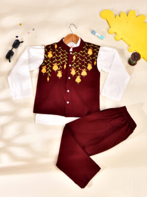 Kurta Pajama With Flower Handpaint Nehru Jacket