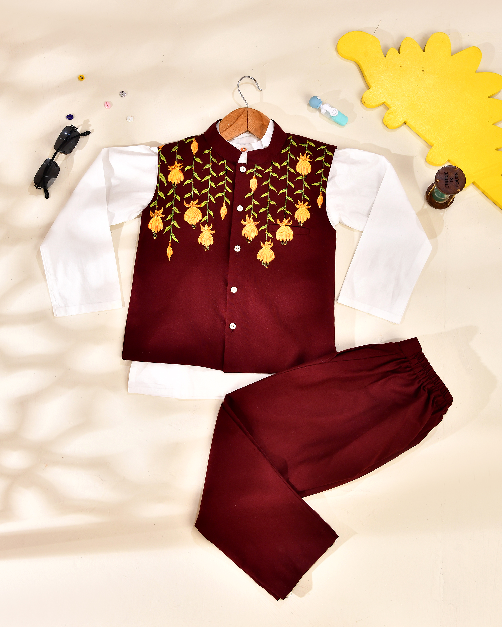 Kurta Pajama With Flower Handpaint Nehru Jacket
