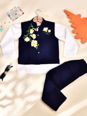 kurta Pajama With flower Handpaint Nehru Jacket