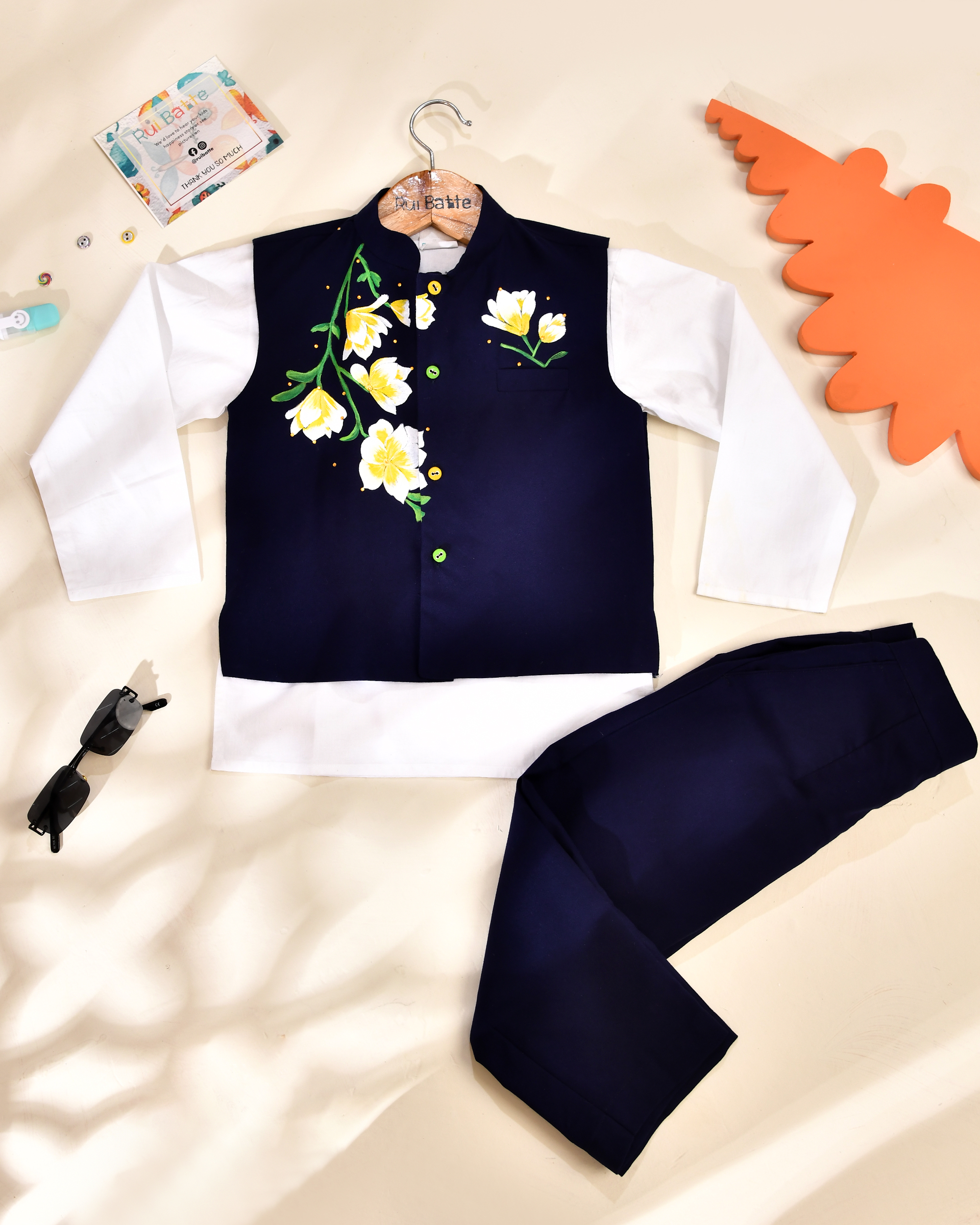 kurta Pajama With flower Handpaint Nehru Jacket