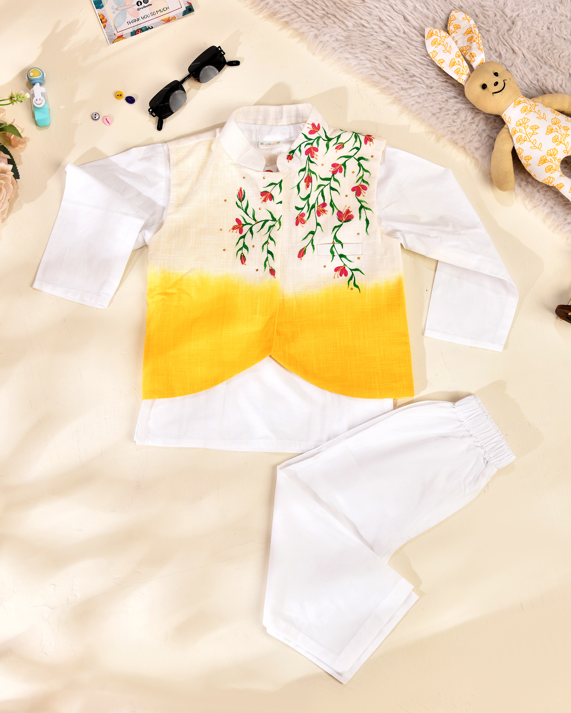 kurta Pajama With Yellow Ombre Nehru Jacket