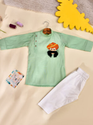 Green kurta Pajama With Handpaint And Mustache