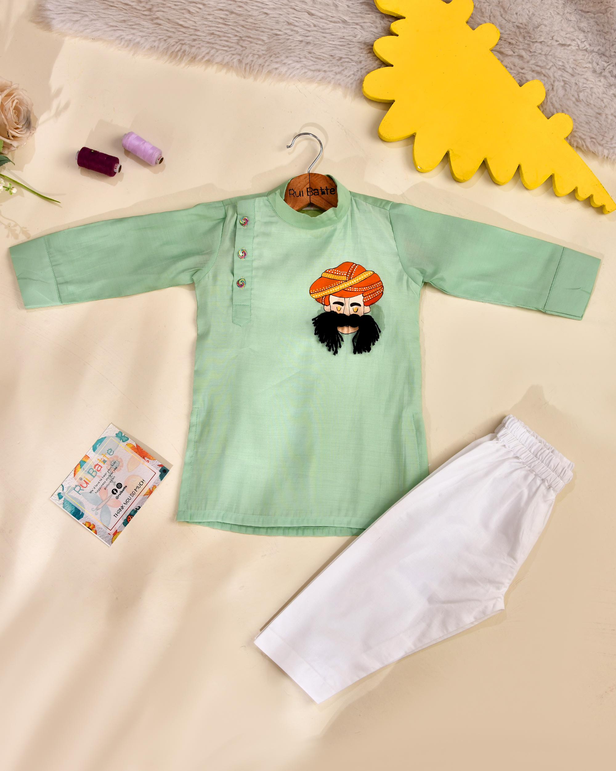 Green kurta Pajama With Handpaint And Mustache